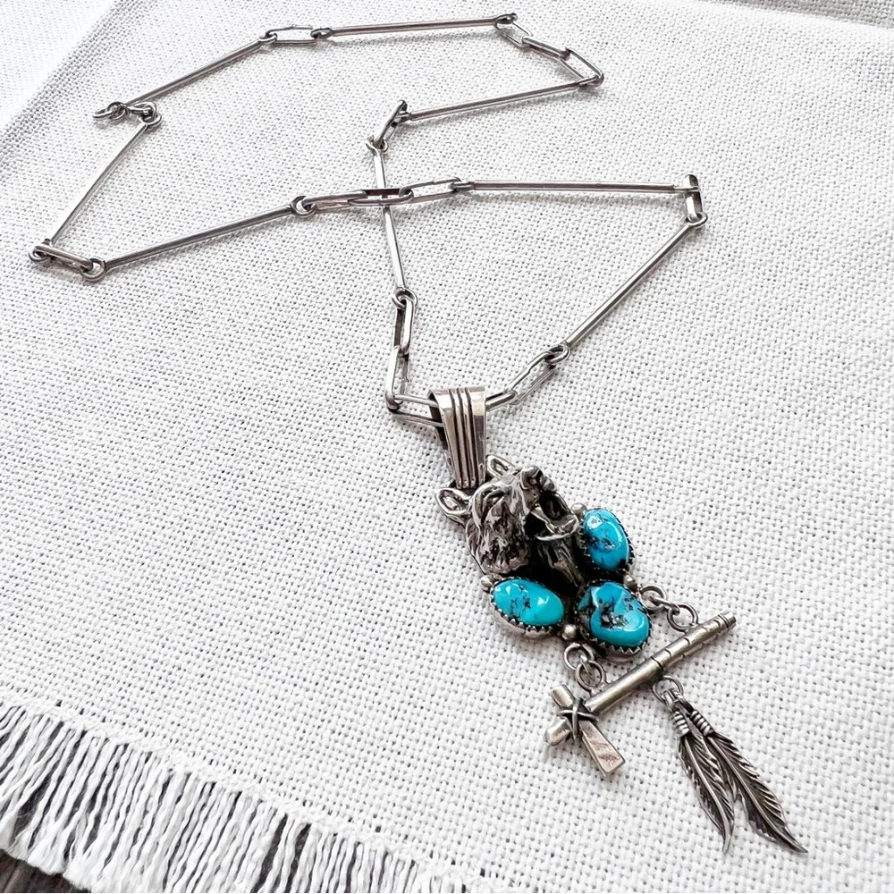 NATIVE Wolf Turquoise Sterling Silver Vintage Necklace Robert Begay Southwestern